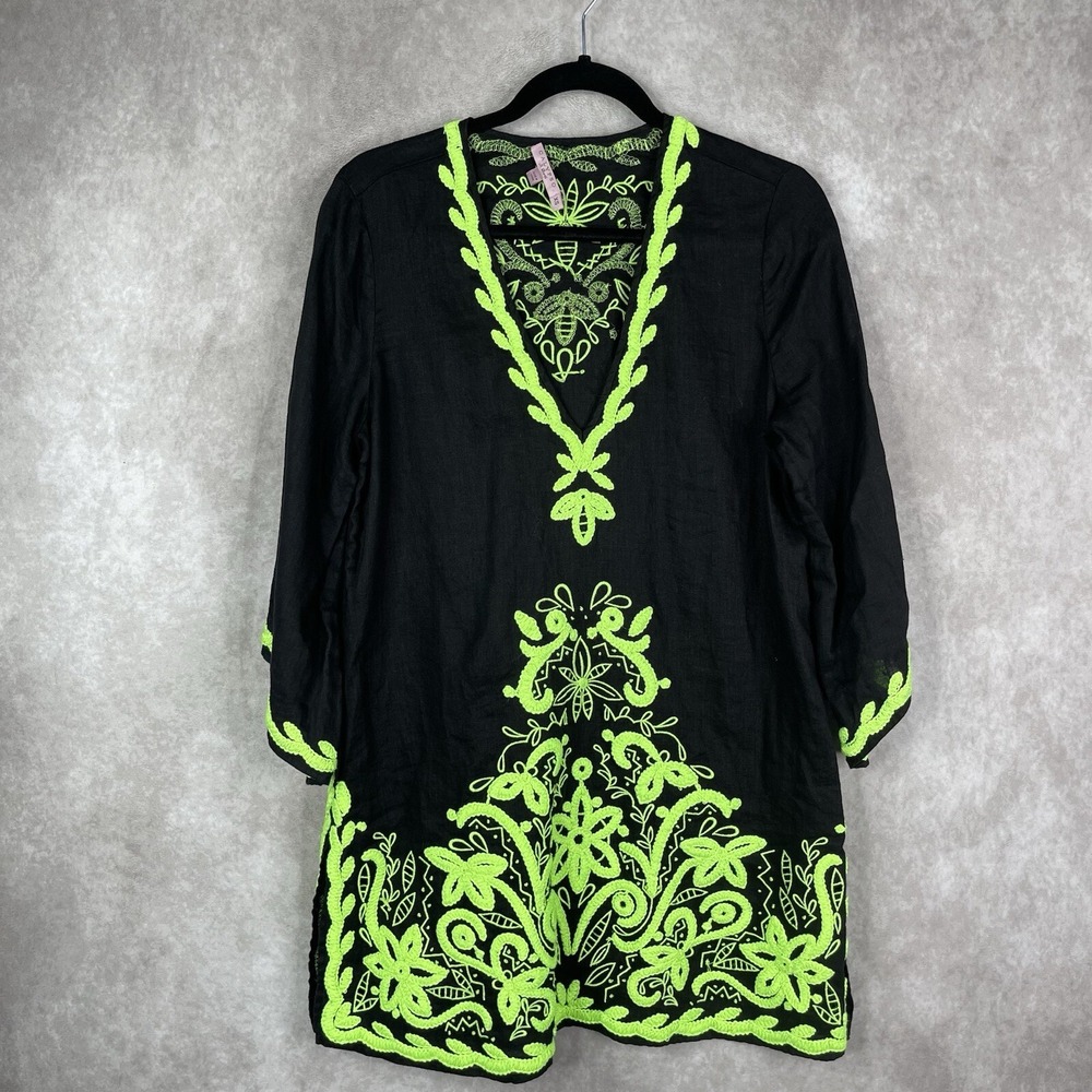 Calypso St. Barth Linen Tunic Embroidered In Chartreuse Green Black Size XS